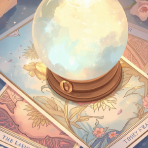 Ilustração de uma bola de cristal sobre cartas, cercada de rosas