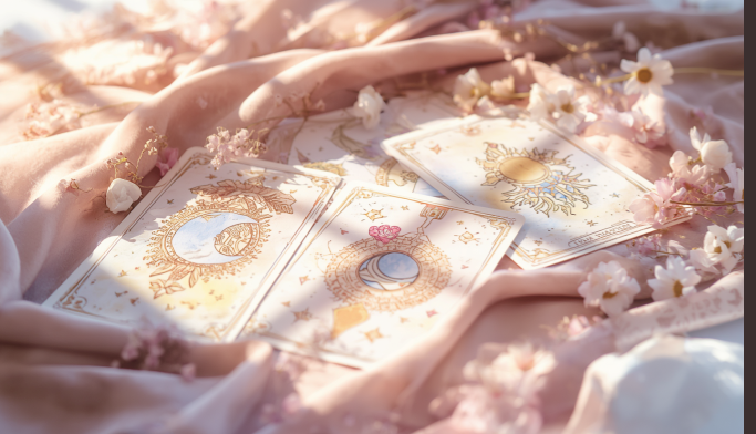Cartas de tarot sobre tecido rosa, com flores e luz suave