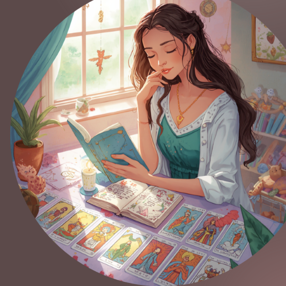 Ilustração de uma leitura de cartas à luz de velas